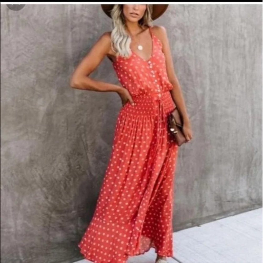 VICI Floral Print Flowy Maxi Dress Coral Orange size M Medium